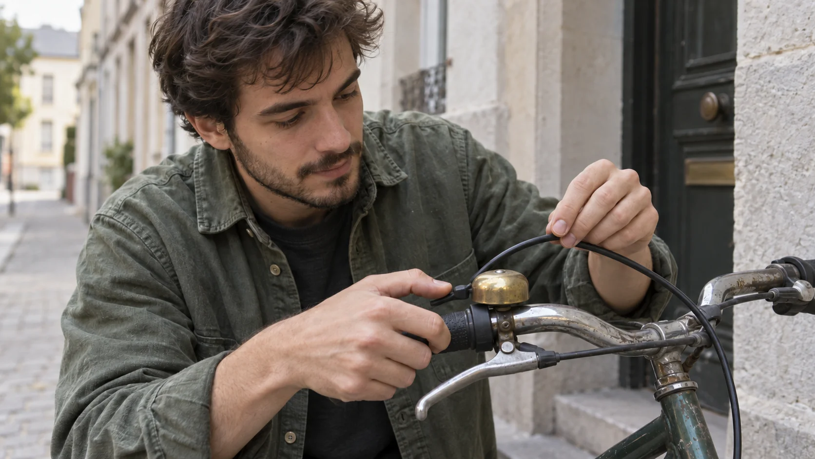 A man lifts a brake cable clear of a brass bicycle bell while checking its thumb lever