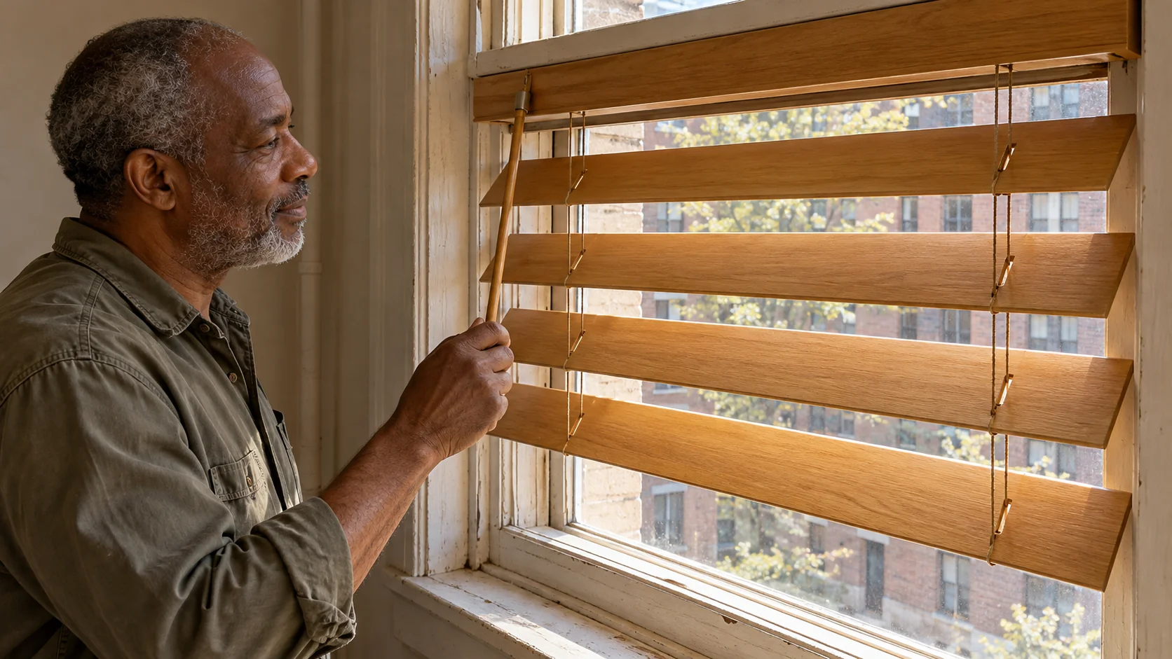 An older man turns one tilt wand that moves five connected wooden blind slats together