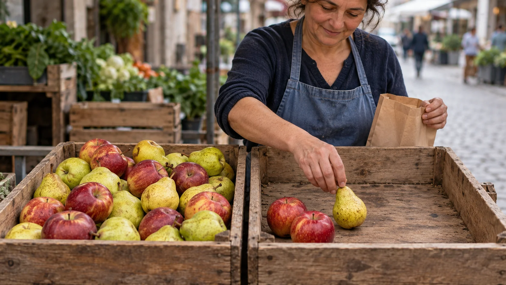 A produce seller lifts the last pear from a sparse crate beside an equally sized crate full of apples and pears