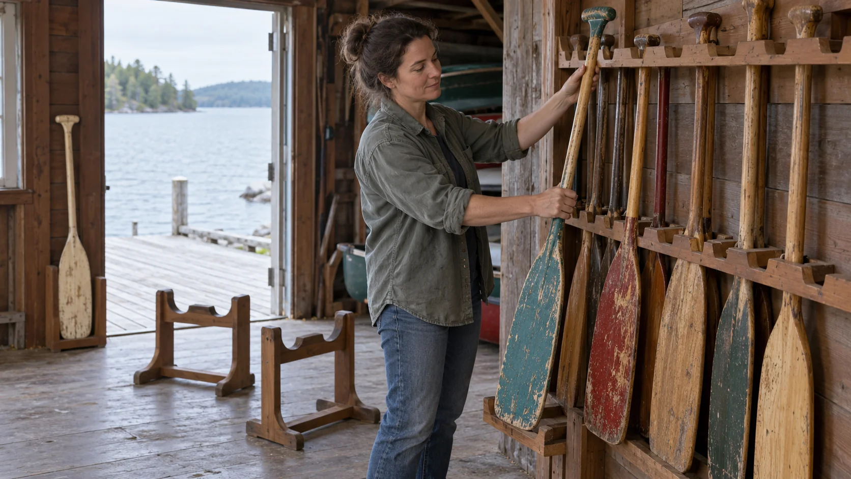 A canoe-club volunteer places a worn teal paddle in a shared rack while a cream paddle stays beside the door