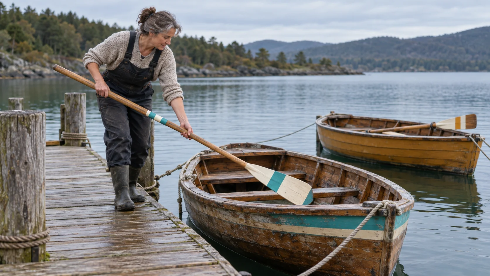 A boatkeeper returns a turquoise-striped oar to the wooden dinghy with matching painted bands