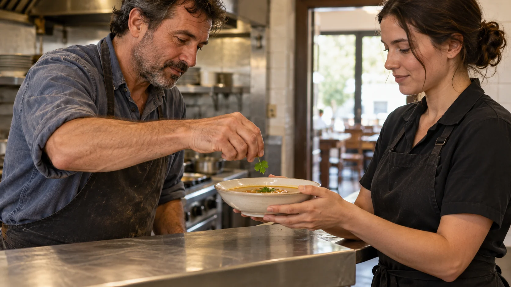 A cook adds a final herb to a bowl held by a server before carrying it away