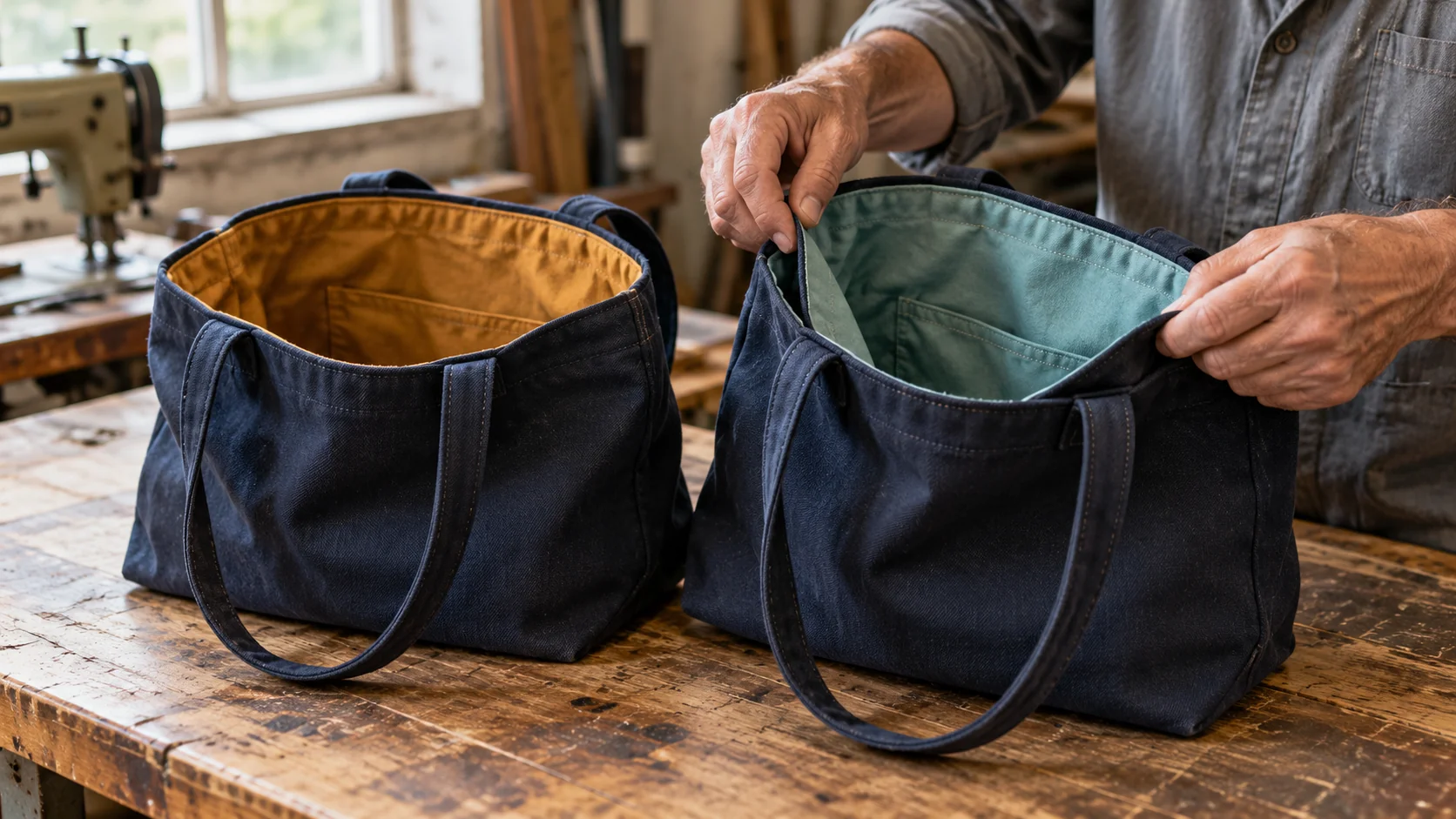 A repairer opens two matching navy canvas bags to reveal their ochre and teal linings