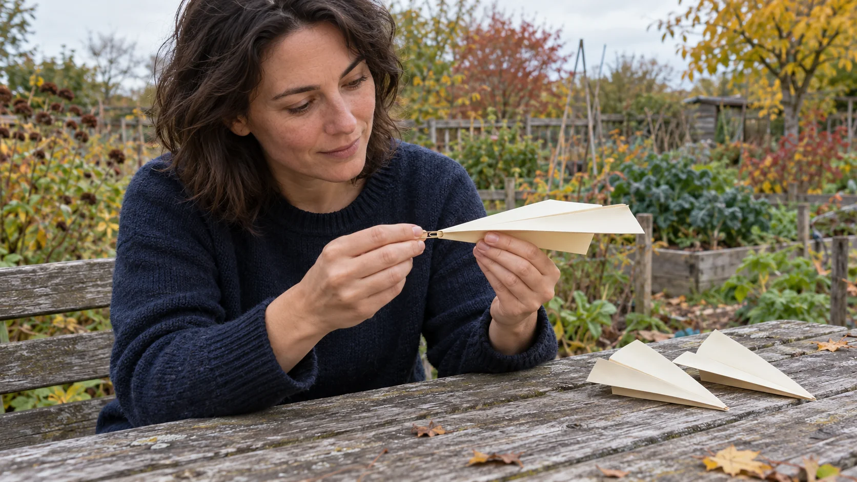 A woman adjusts a brass paperclip on a paper glider's nose while two matching gliders rest on a garden bench