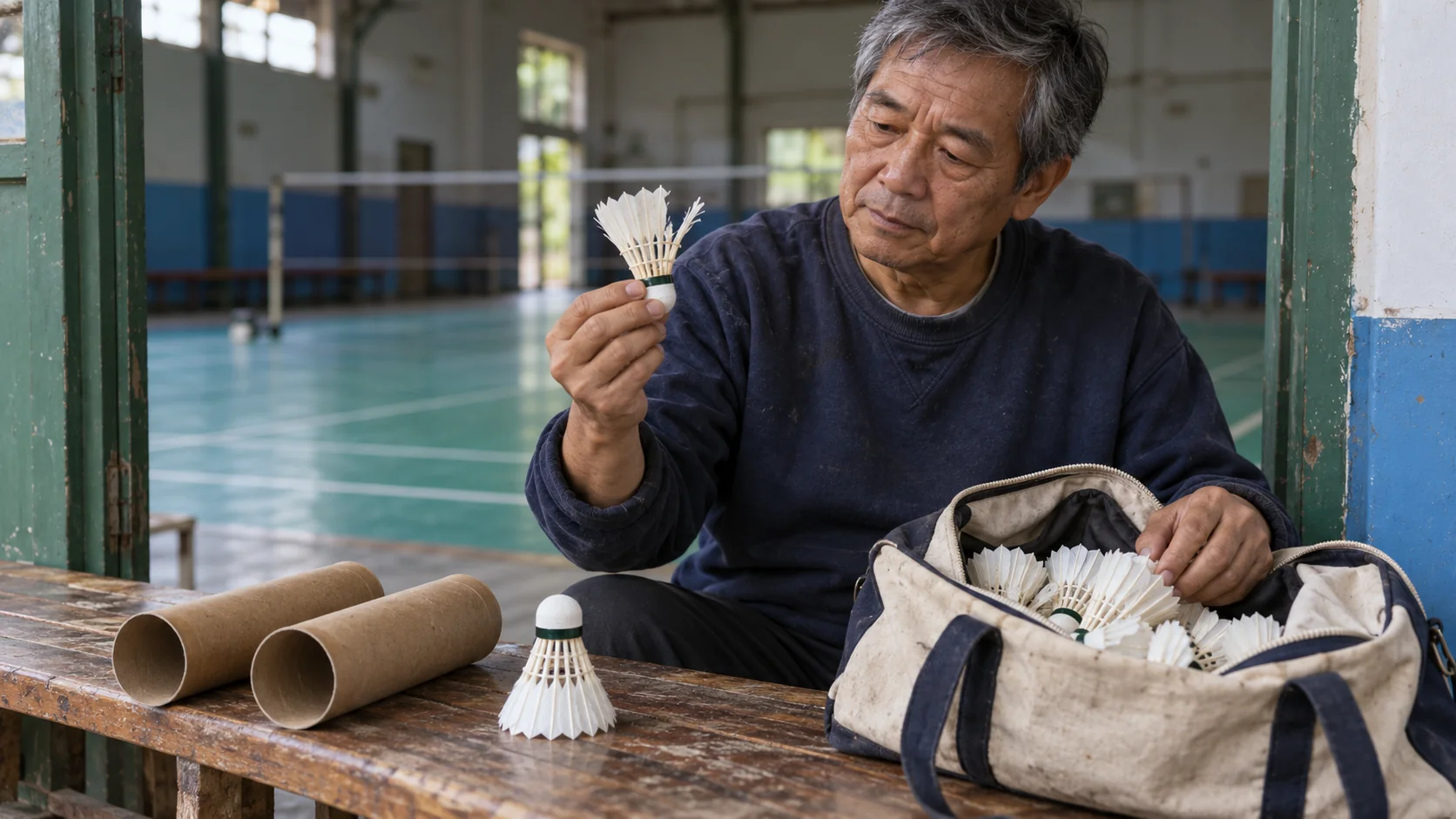 A badminton club volunteer inspects a damaged shuttlecock beside two empty tubes and a bag of intact shuttlecocks