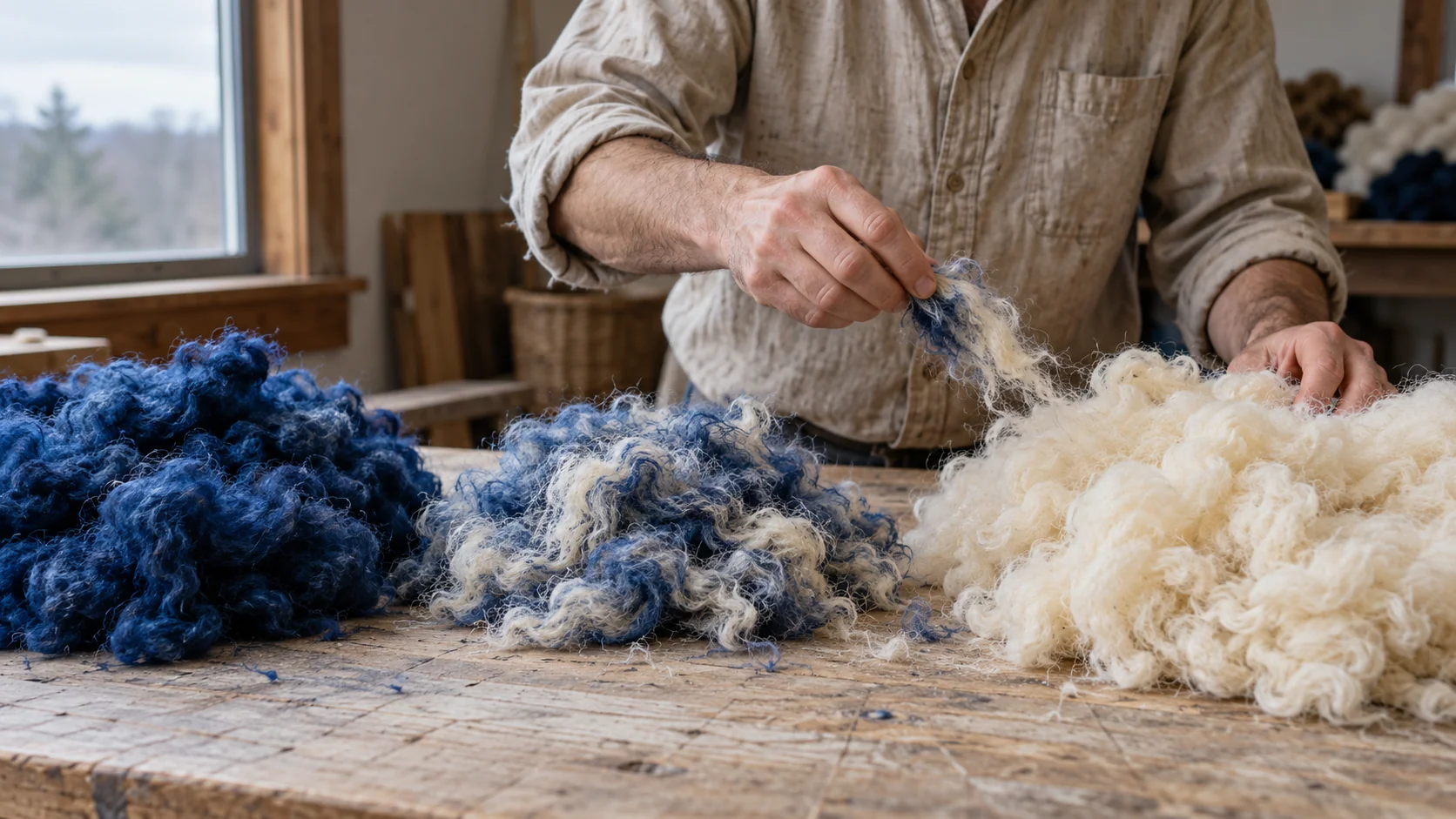 A fiber artist transfers a tuft of blended blue-and-cream wool toward a larger pile of cream fleece