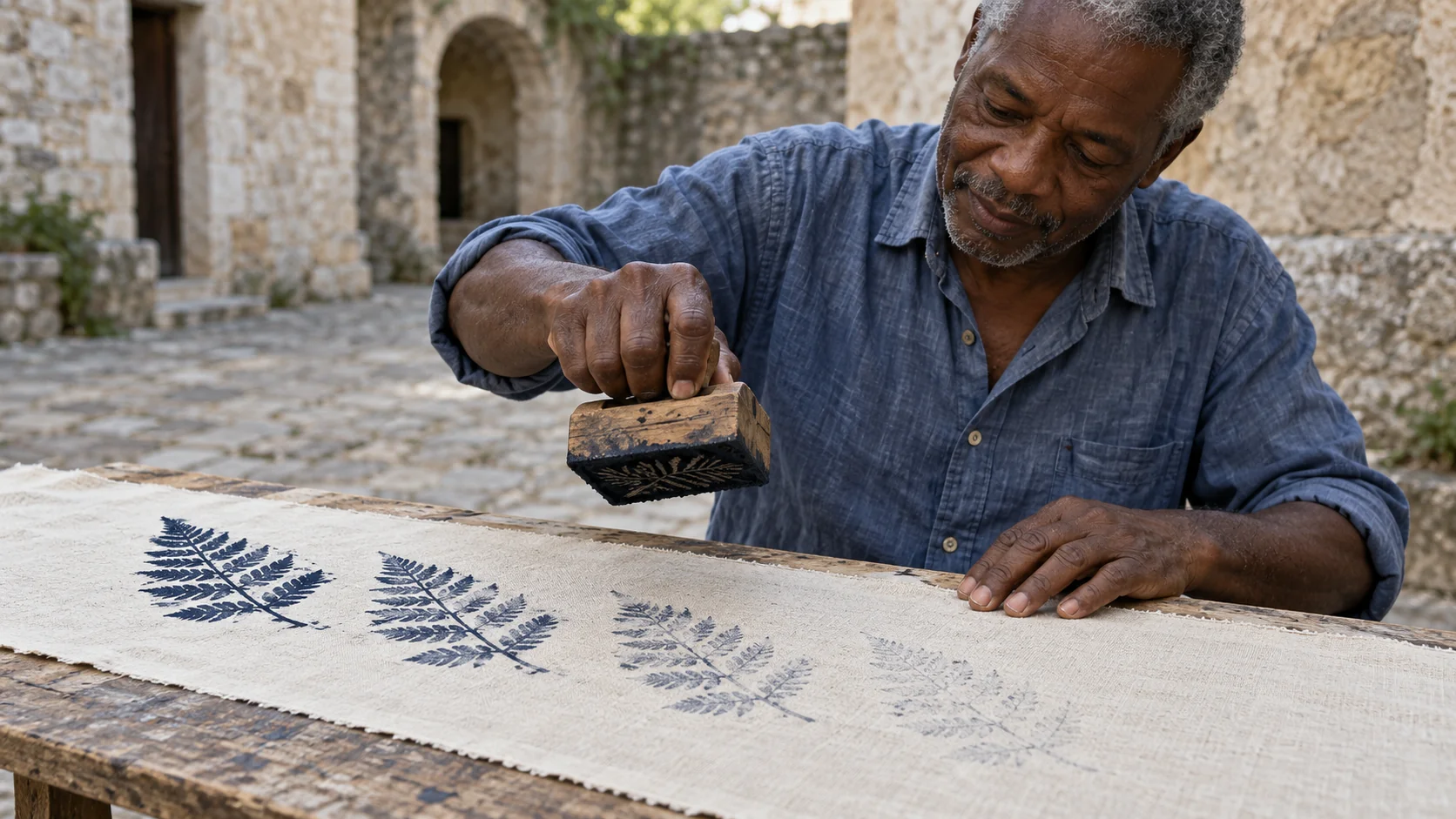 A printmaker lifts a leaf block above linen bearing four indigo impressions that become progressively fainter