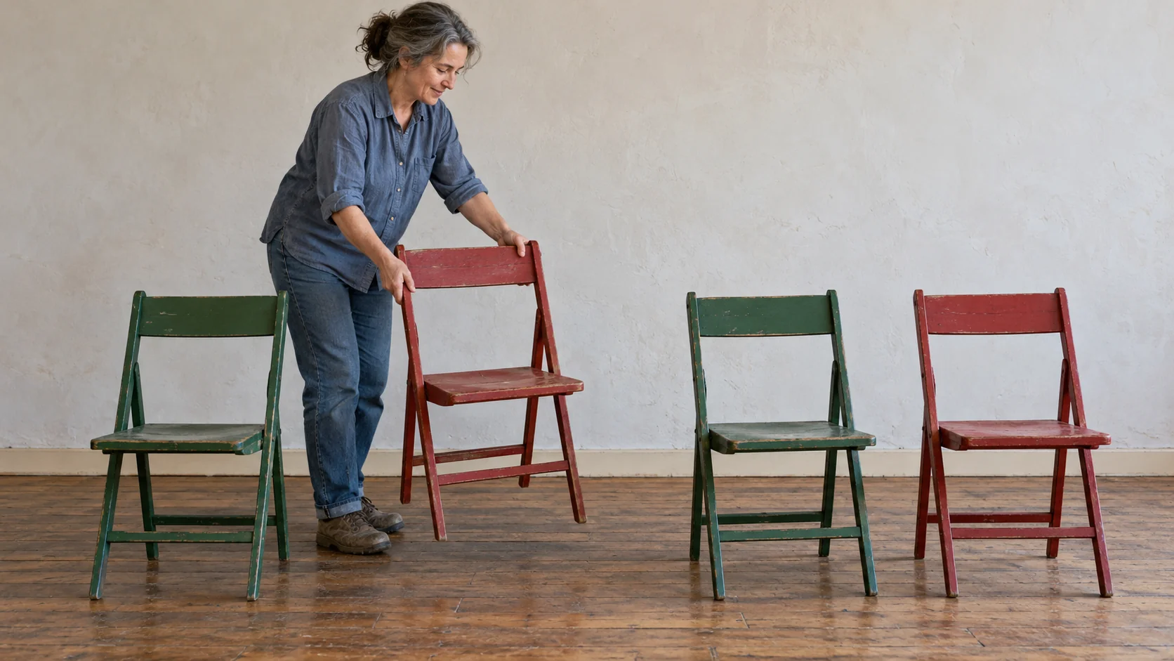 A woman rearranges four wooden folding chairs, two green and two red, while keeping the same set of chairs
