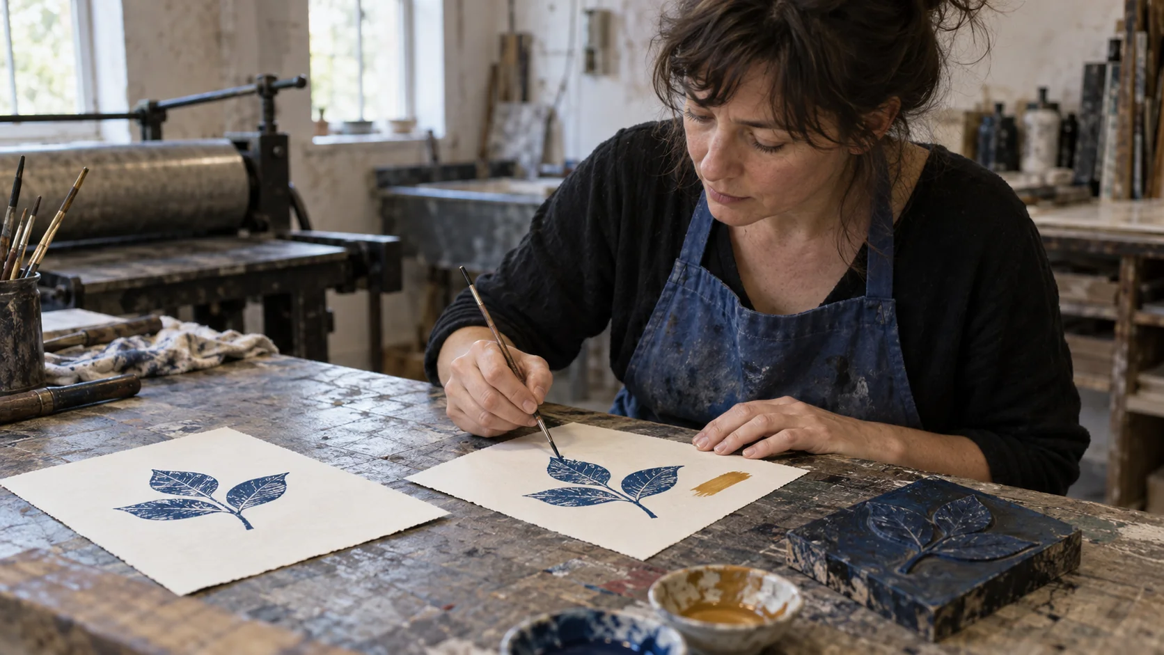 A printmaker corrects a blue leaf print while preserving its ochre margin mark beside a separate copy