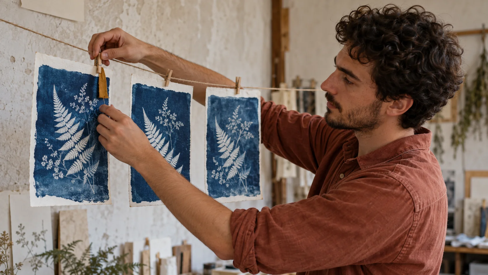 A printmaker marks one of three blue fern prints with an ochre ribbon while leaving the other prints on the drying line