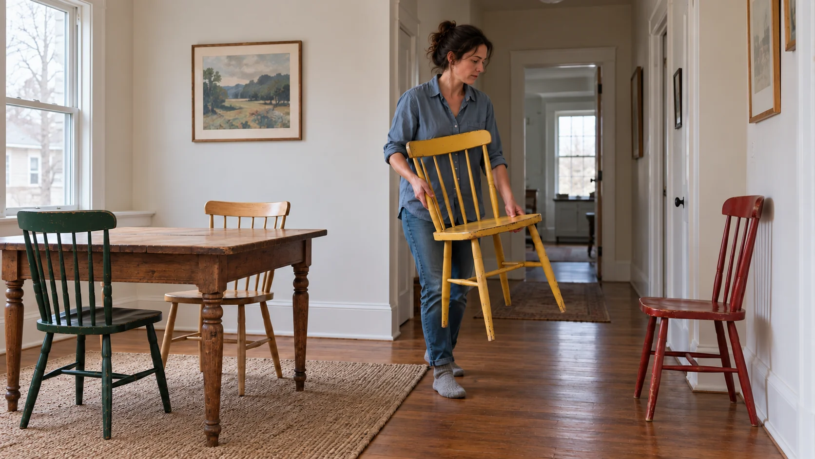 A woman carries a yellow chair from a dining table toward a red hallway chair while two other chairs remain at the table