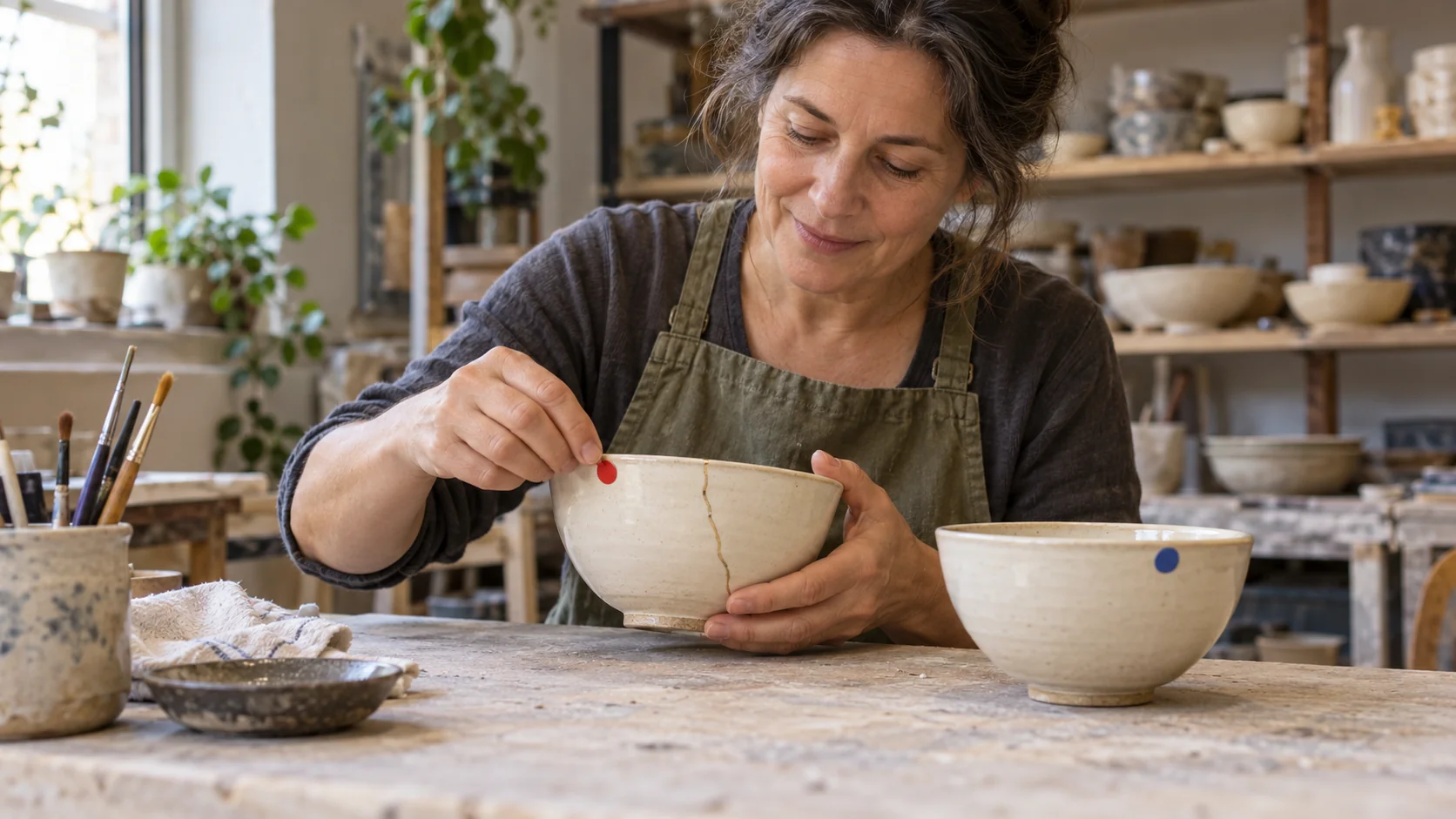 A ceramic restorer peels a red sticker from a mended bowl while a second bowl keeps its blue marker