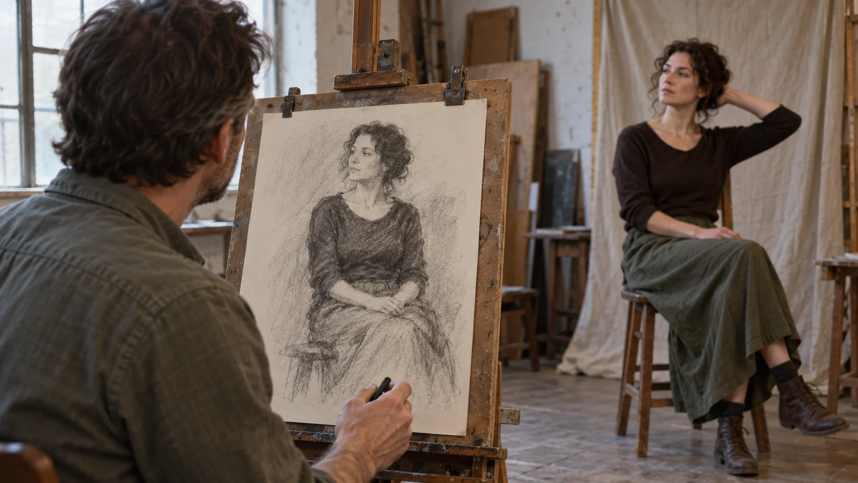 An artist compares an earlier arms-down sketch with a model who has raised one arm