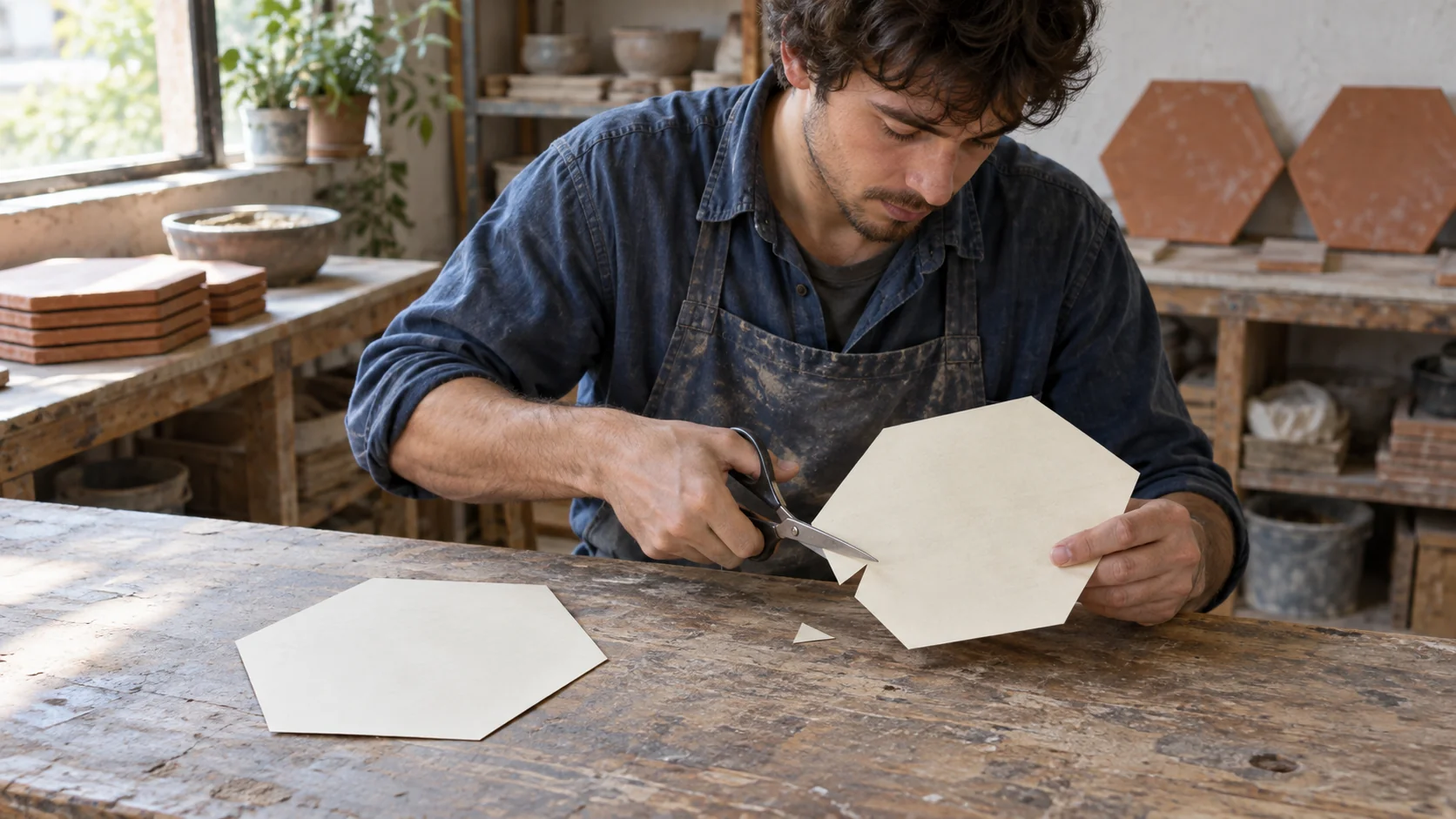 A ceramicist cuts a triangular notch into a copied hexagonal paper pattern while the intact master lies beside it