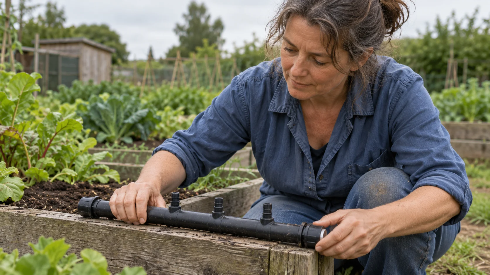 A gardener fits an end cap onto an irrigation pipe while its three side outlets remain open