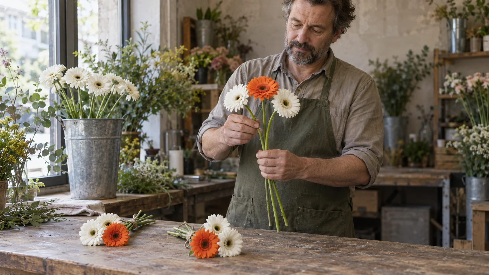A florist holds one orange and two white daisies, with matching small bouquets on the counter and extra white flowers in a bucket