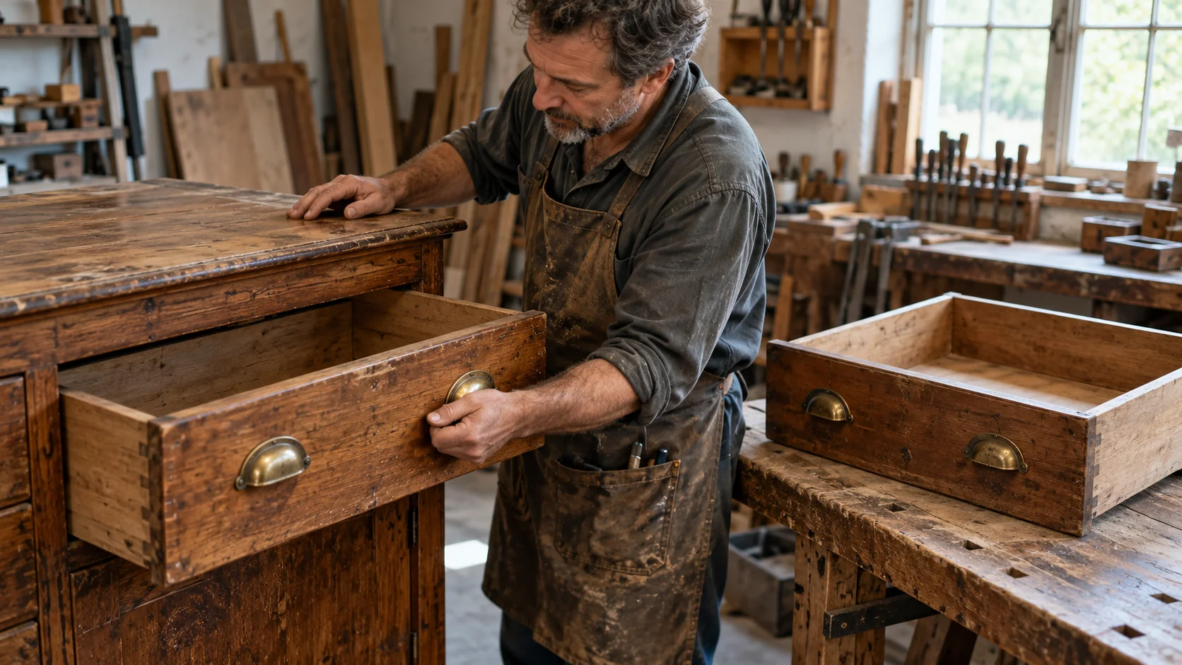 A cabinetmaker pulls one handle of a two-handled drawer beside a separate matching drawer