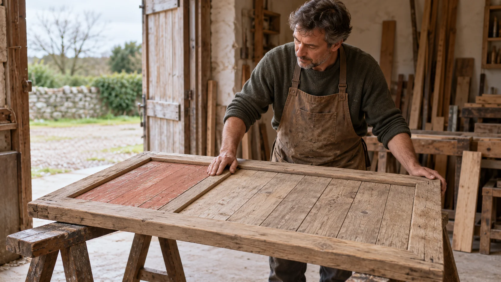 A craftsperson steadies a wooden gate with a narrow terracotta section and a wider unpainted section inside one frame