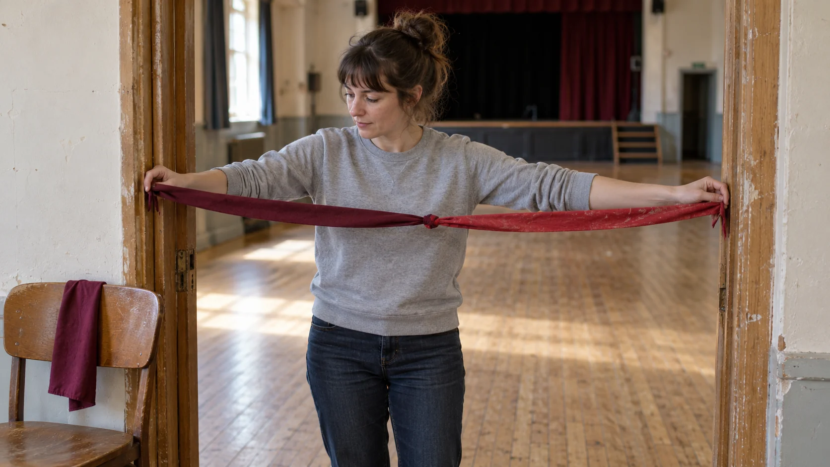 A theatre volunteer holds two short fabric strips tied together to span a doorway