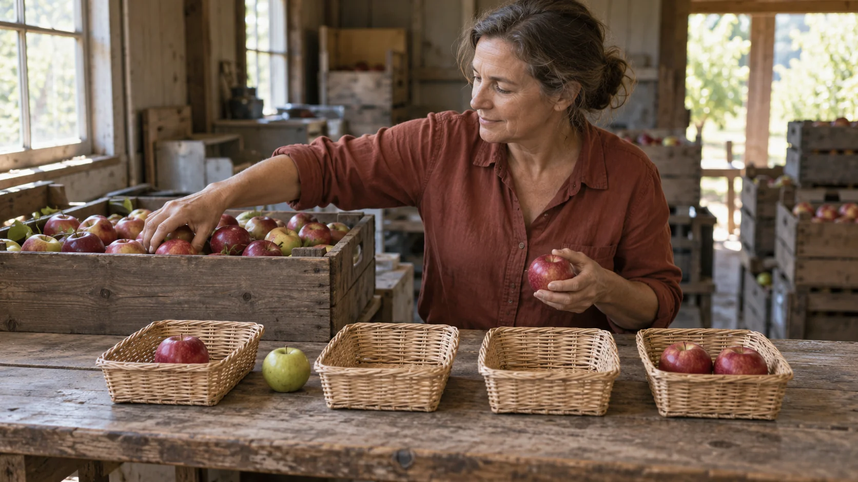 An orchard volunteer selects red apples beside four wicker baskets, keeping two empty and setting a green apple aside