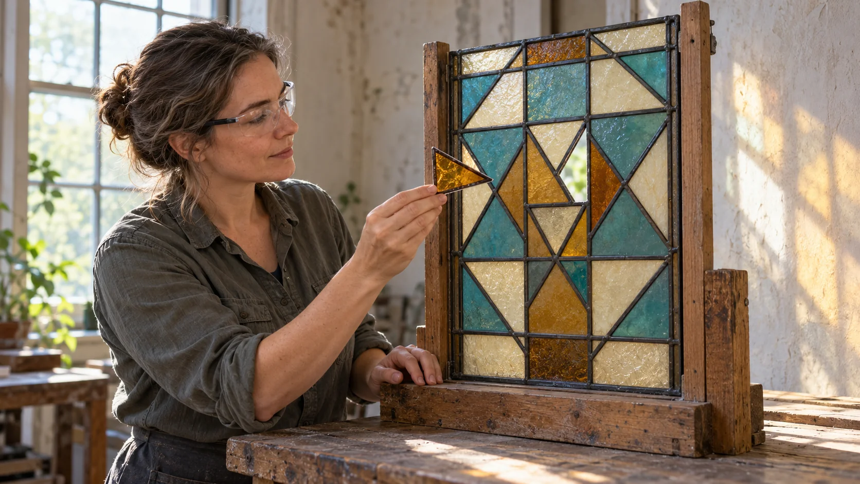 A stained-glass restorer compares an amber piece with a narrow opening in a fixed lead framework