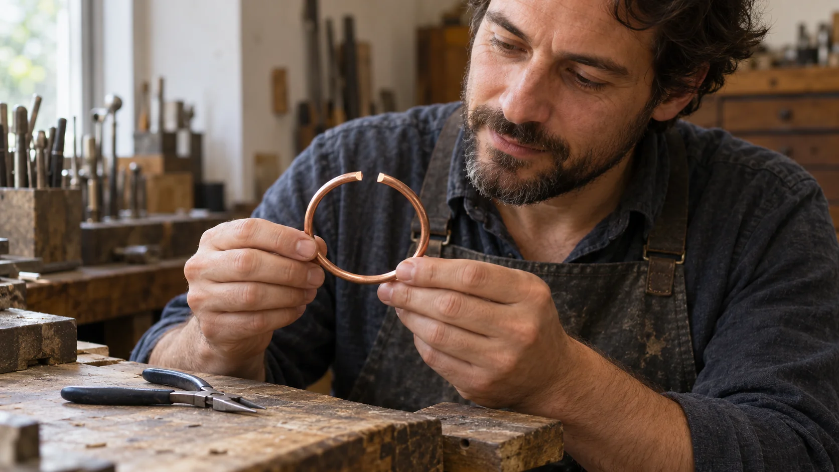 A jewelry repairer inspects a copper hoop opened at one point while it remains one continuous piece