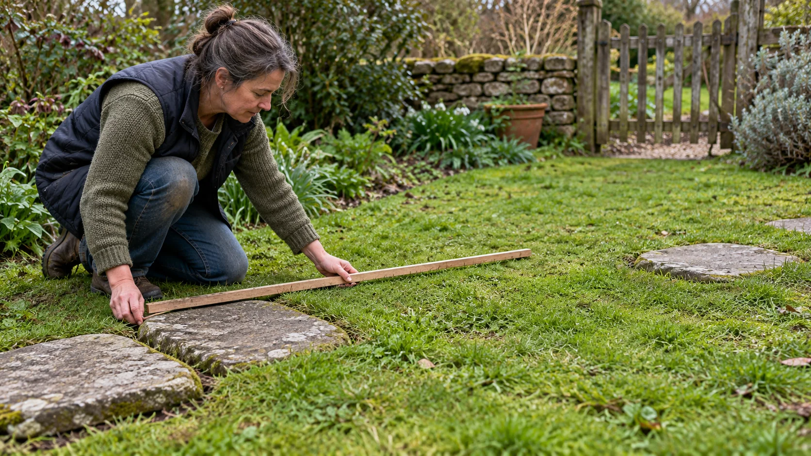 A gardener lays a wooden measuring lath beside closely spaced stepping stones, stopping before a farther stone