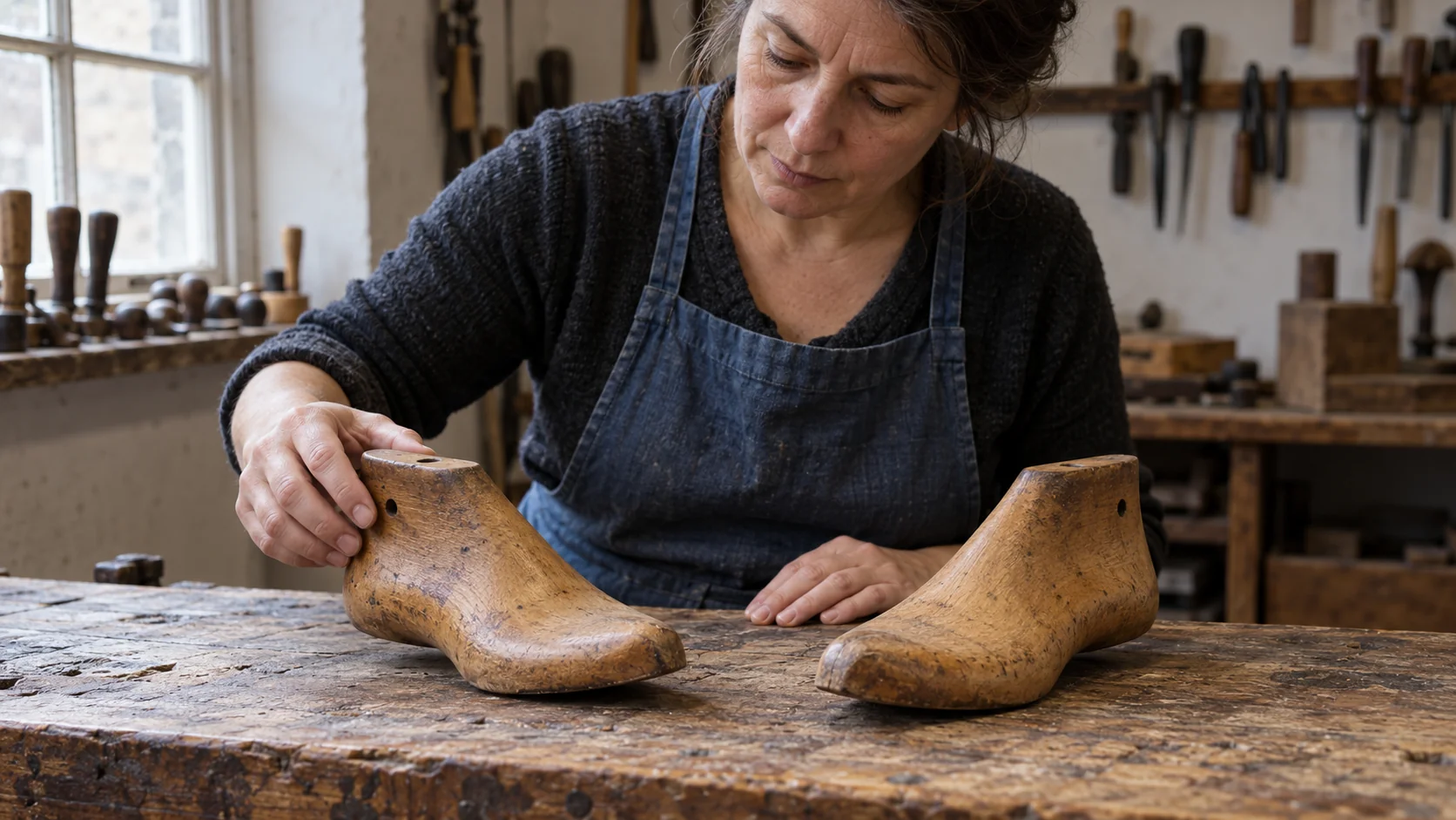 A cobbler turns a wooden shoe last beside its matching opposite-foot form on a worn workbench