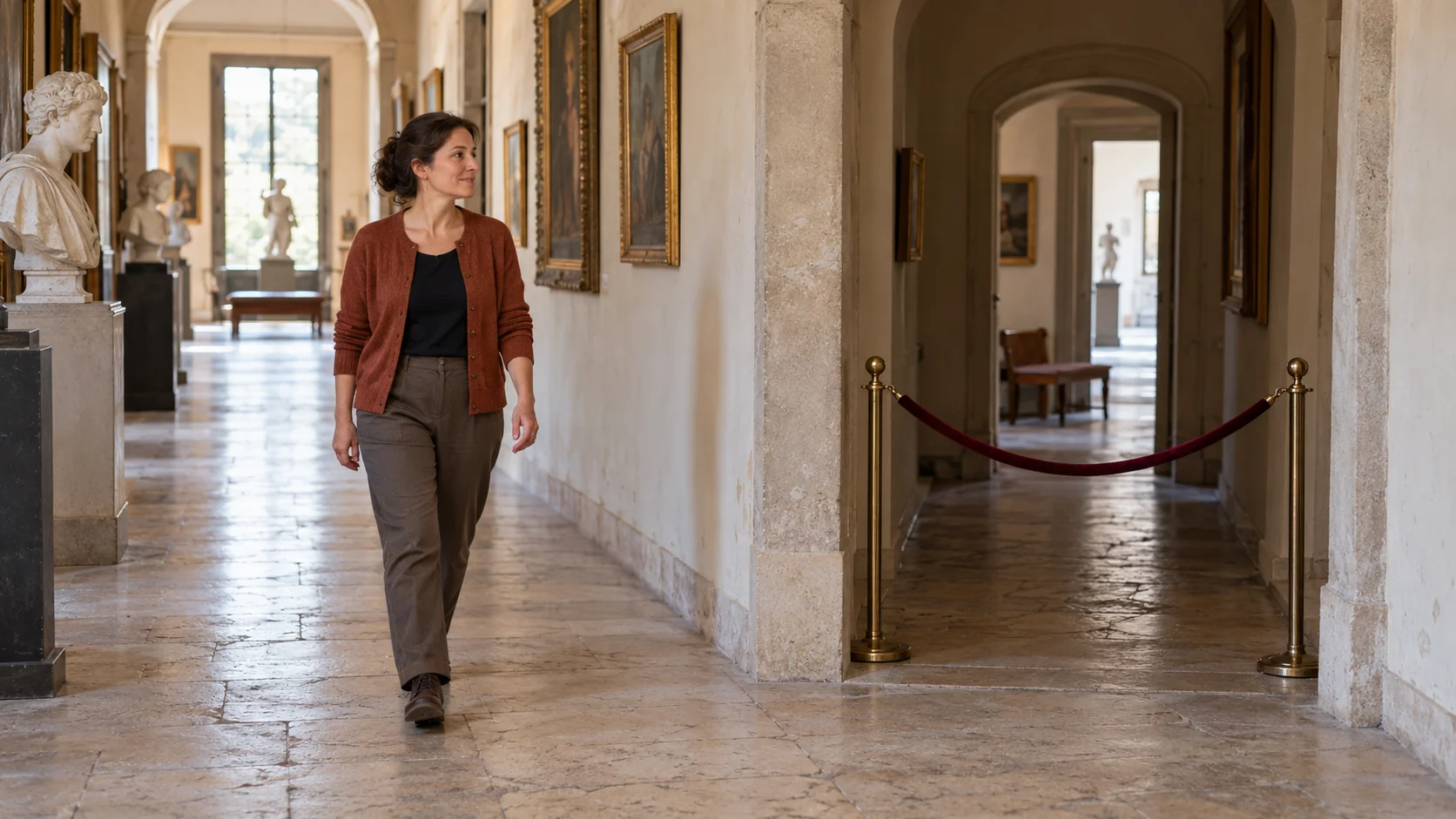 A museum attendant walks along an open corridor beside a side gallery closed off by a burgundy rope