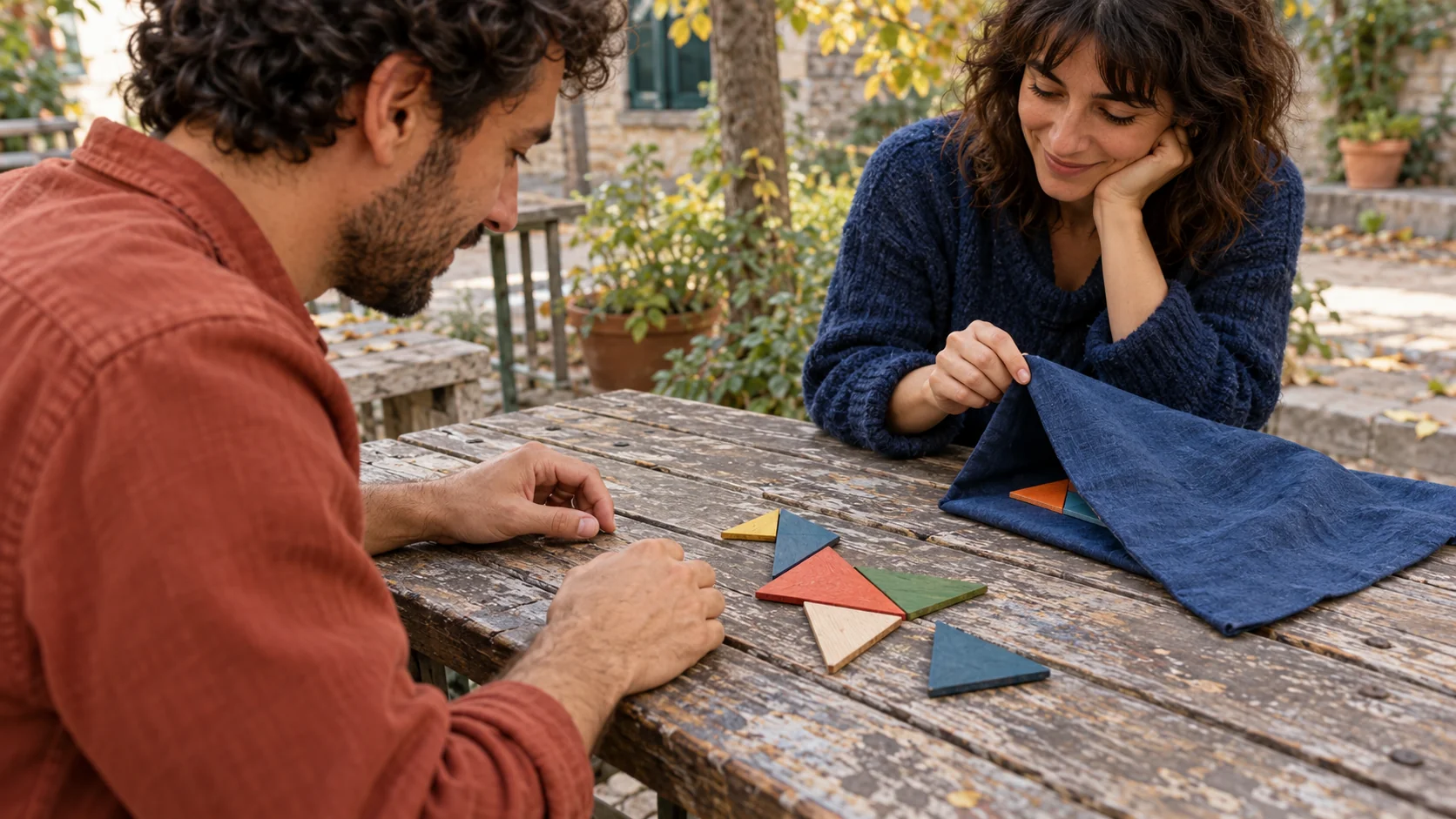 A woman lifts a corner of a blue cloth to reveal one wooden puzzle piece while a man works on the arrangement
