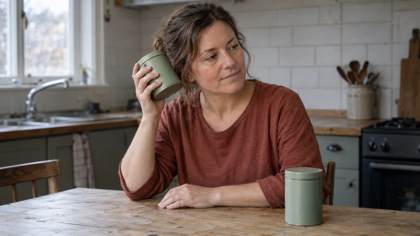 A woman listens to a closed green tin beside an identical unopened tin