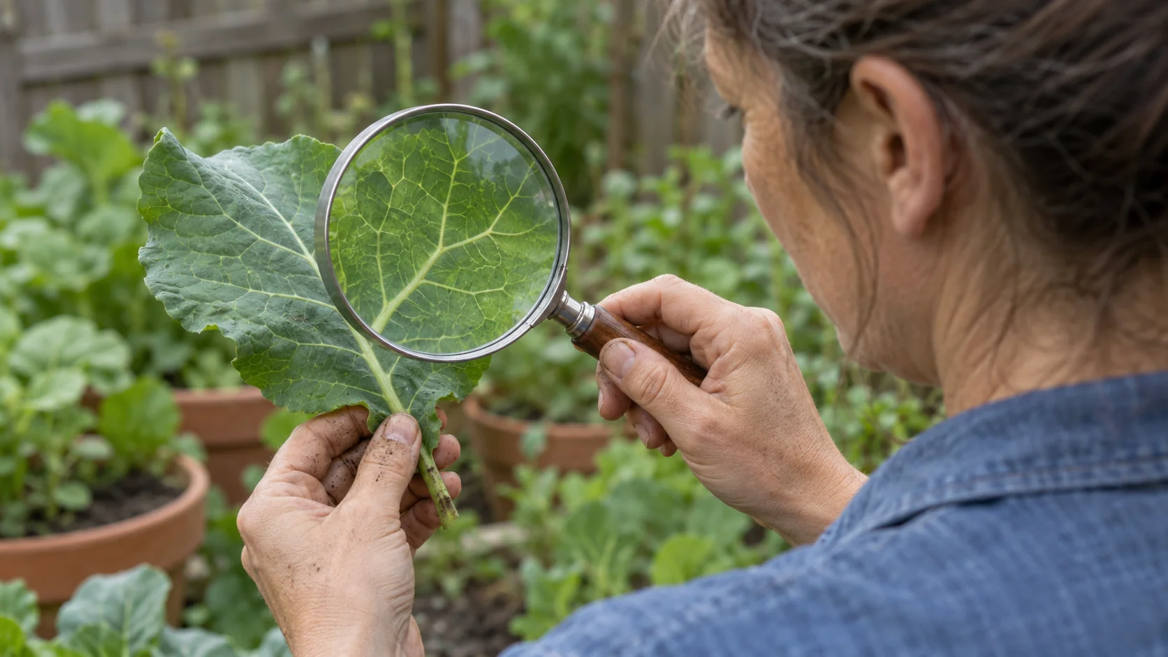 A gardener examines the finer veins of one green leaf through a handheld magnifying glass