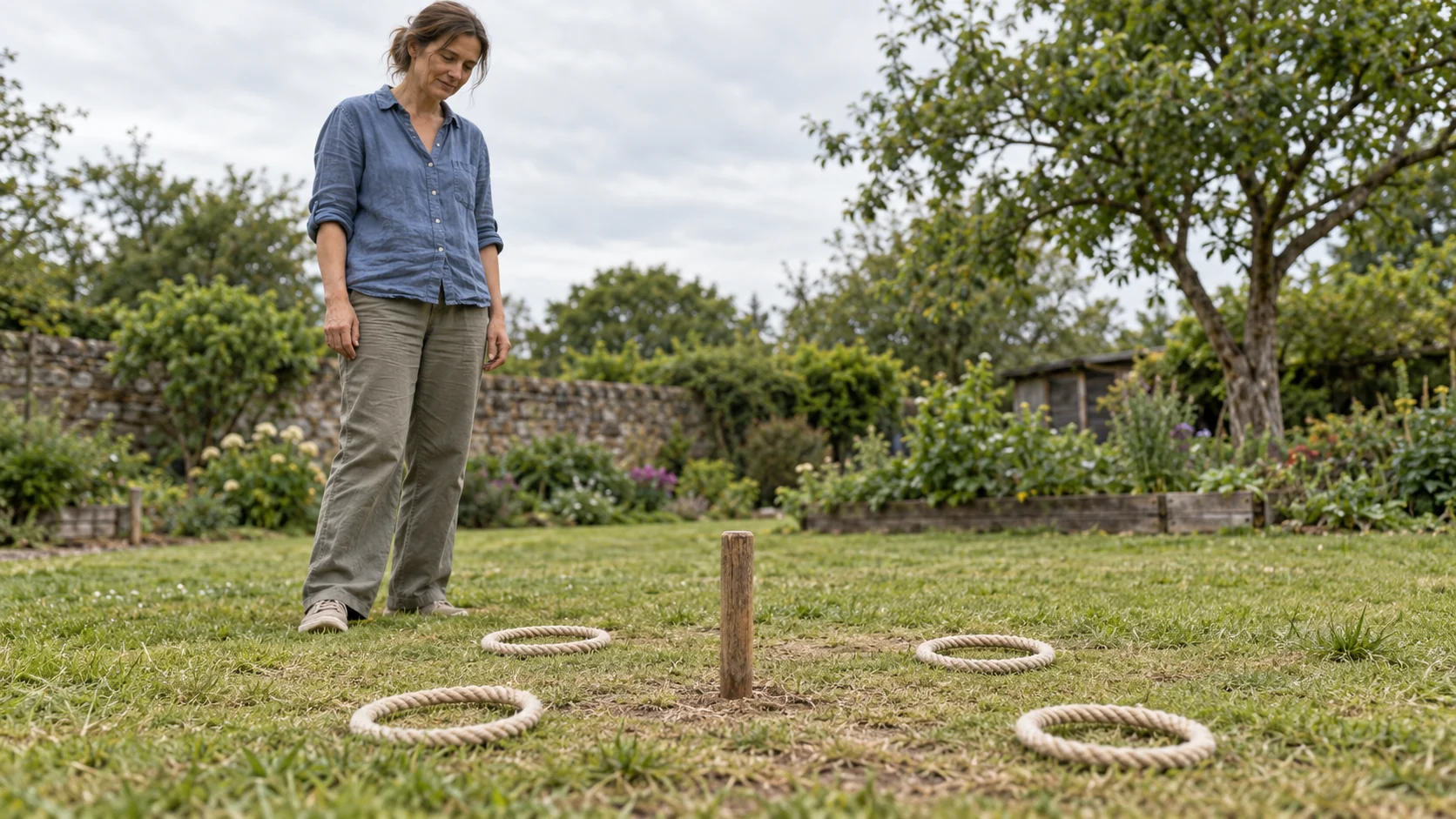 A woman looks at four rope rings lying around a bare wooden peg after a ring-toss game