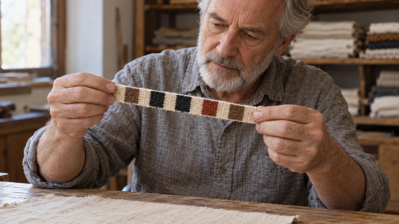 A textile restorer examines woven trim with matching brown end bands and a different color sequence in each reading direction
