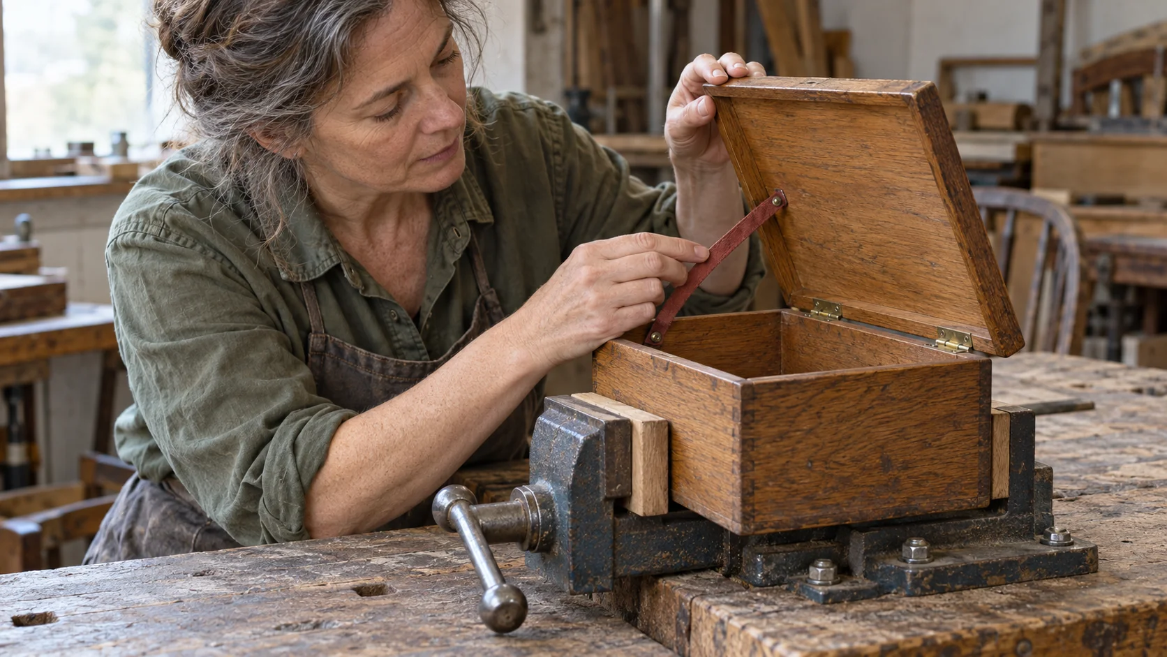 A restorer examines a red lid stay on a wooden sewing box whose base is held in a padded bench vise