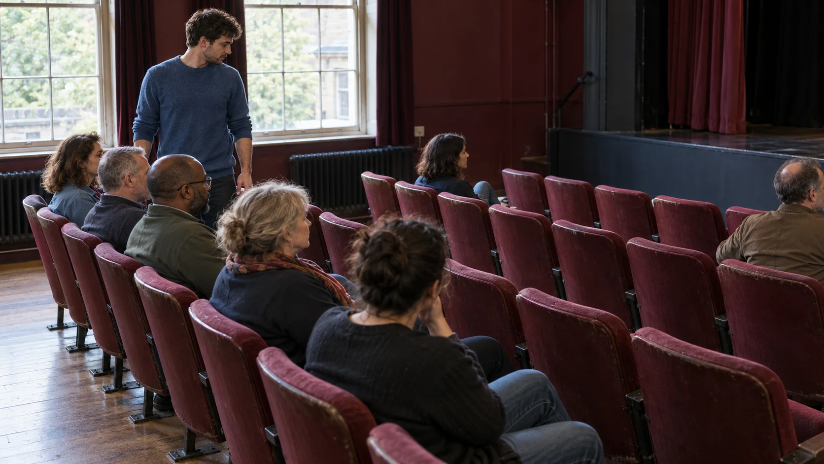 A volunteer checks occupied and empty seats across two rows in a community theatre