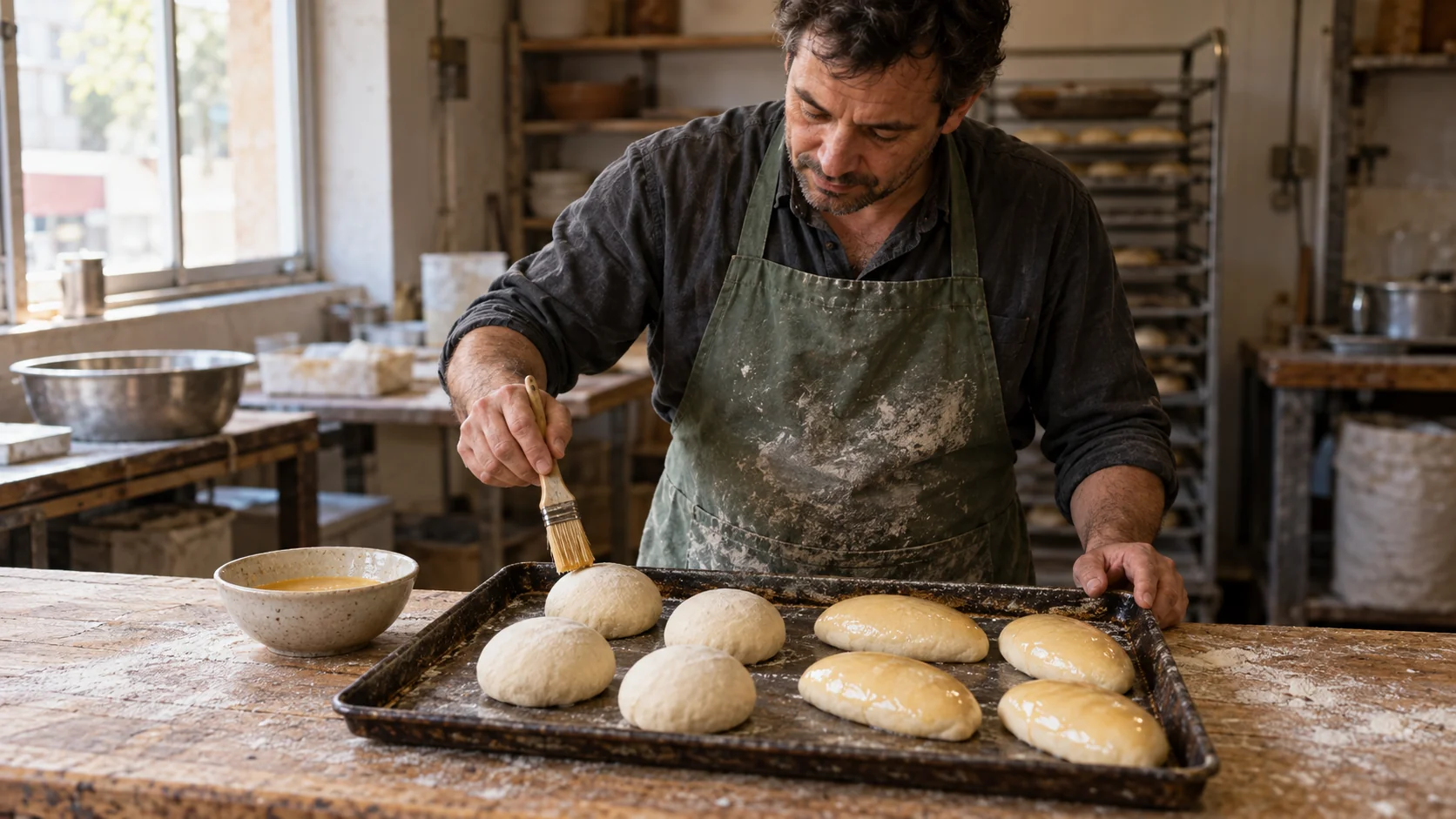 A baker brushes a matte round roll beside glossy oval rolls on the same baking sheet