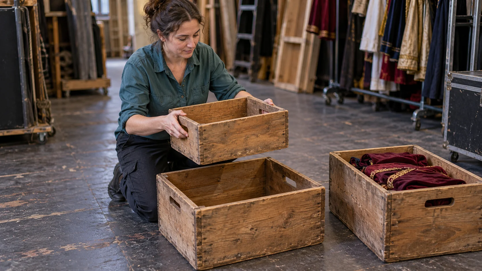A stagehand lifts a small empty crate from a now-empty larger crate beside a separate crate of burgundy costumes