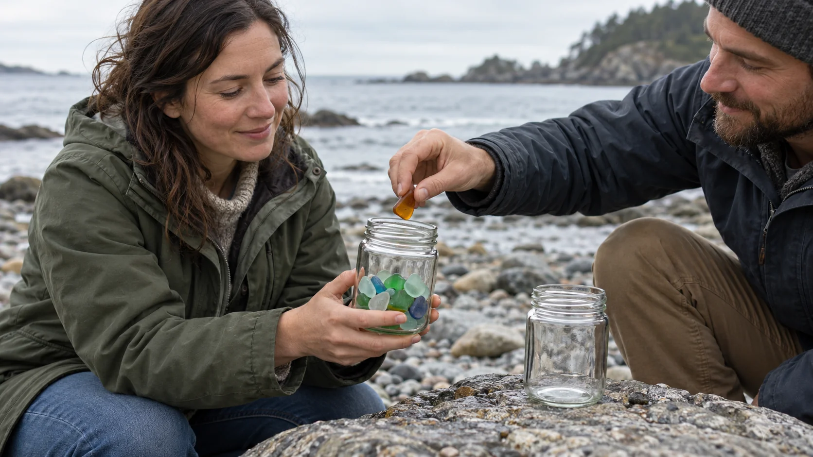 One friend adds amber sea glass to a jar another friend holds, beside a separate empty jar