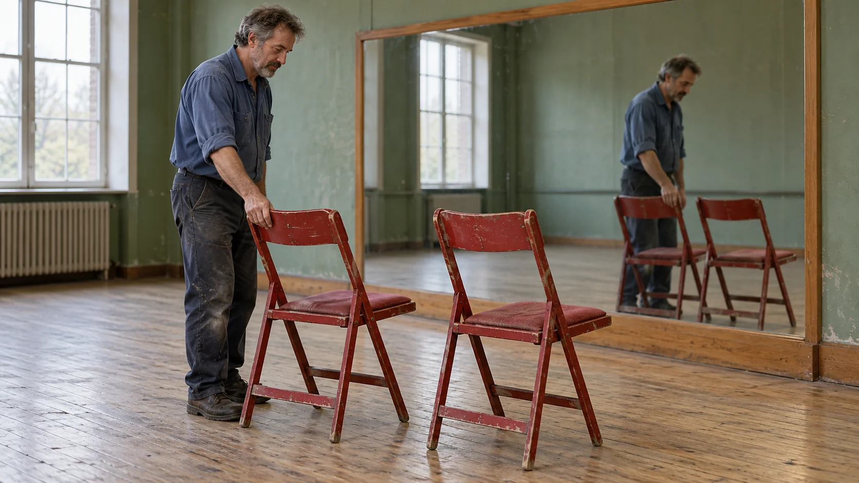 A caretaker holds one of two red chairs in a dance hall while a wall mirror reflects the same pair