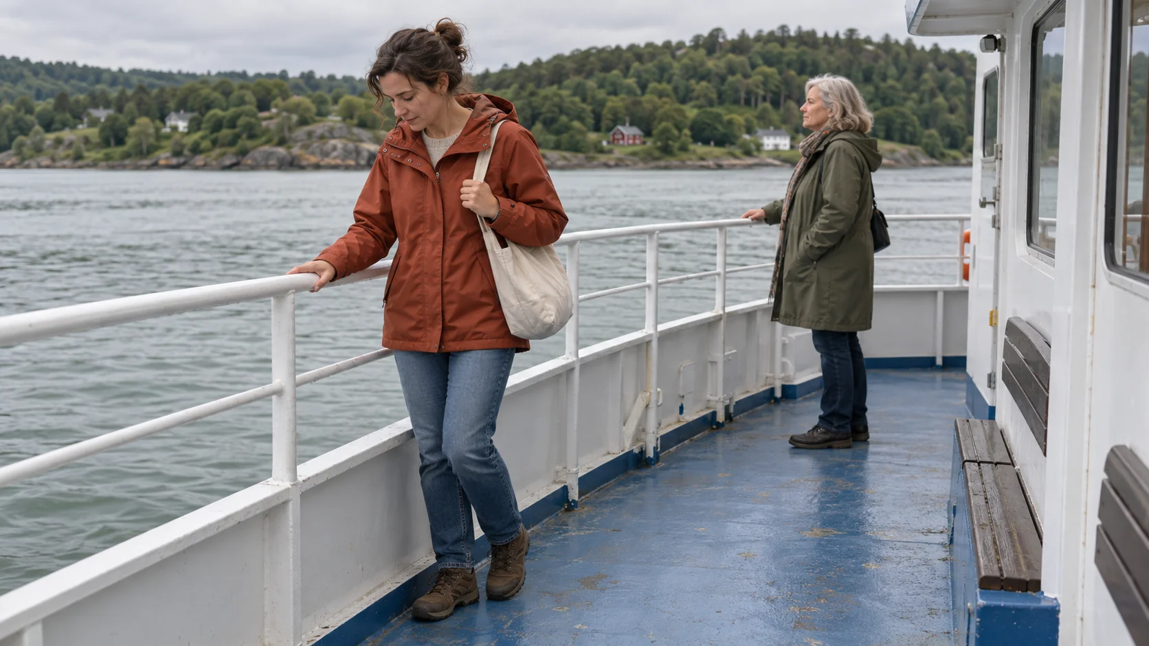 A woman checks her footing while holding a ferry rail as another passenger looks calmly toward the shore