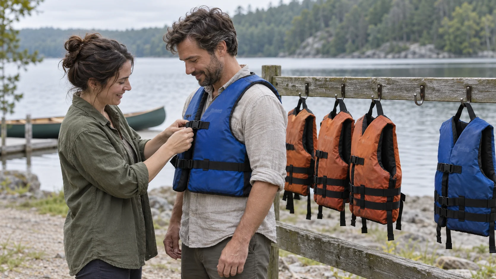 A canoe-club volunteer adjusts a blue buoyancy vest while three orange vests and one blue vest remain beside an empty hook