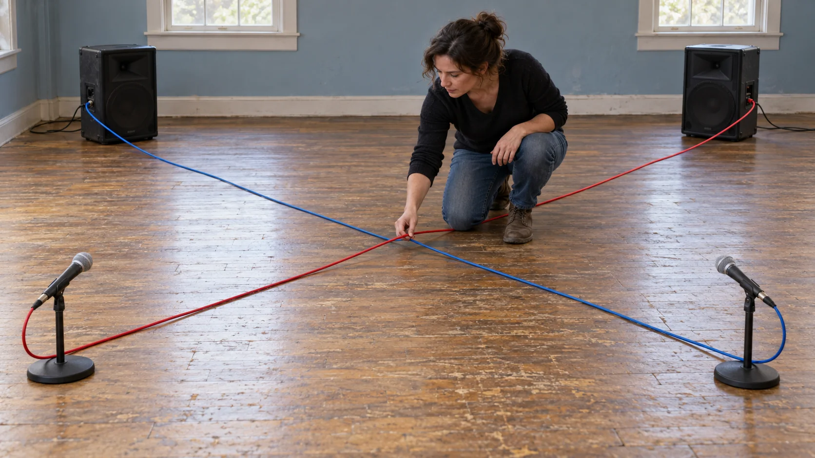 A sound technician lifts a red microphone cable above a crossing blue cable to trace its connection to the opposite speaker