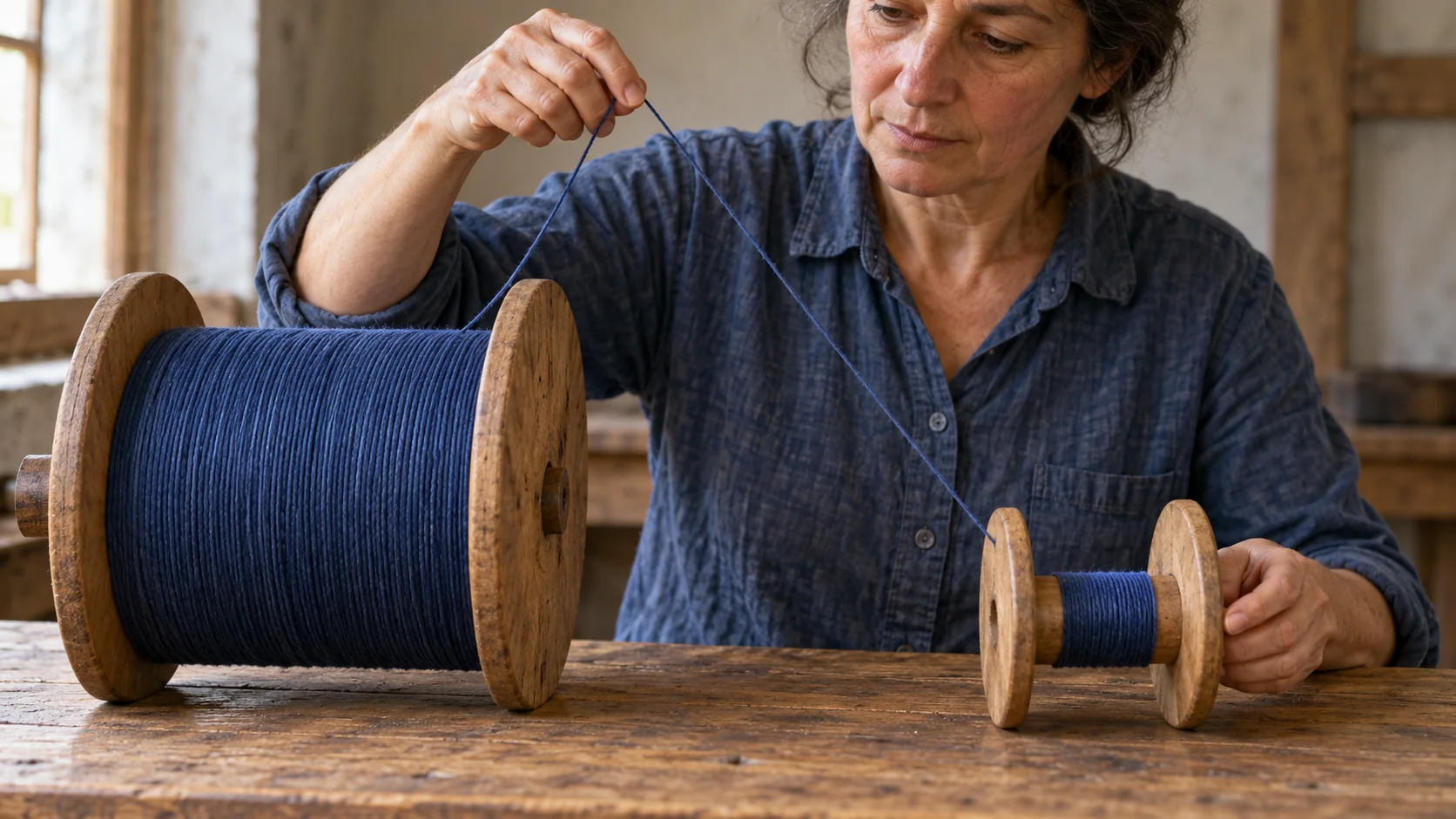 A textile worker guides yarn between a full wooden reel and a nearly empty bobbin