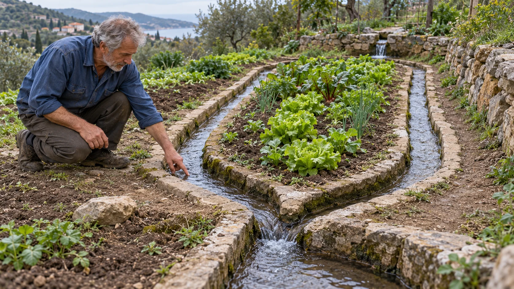 A gardener follows two stone-lined irrigation channels that pass around a vegetable bed and rejoin