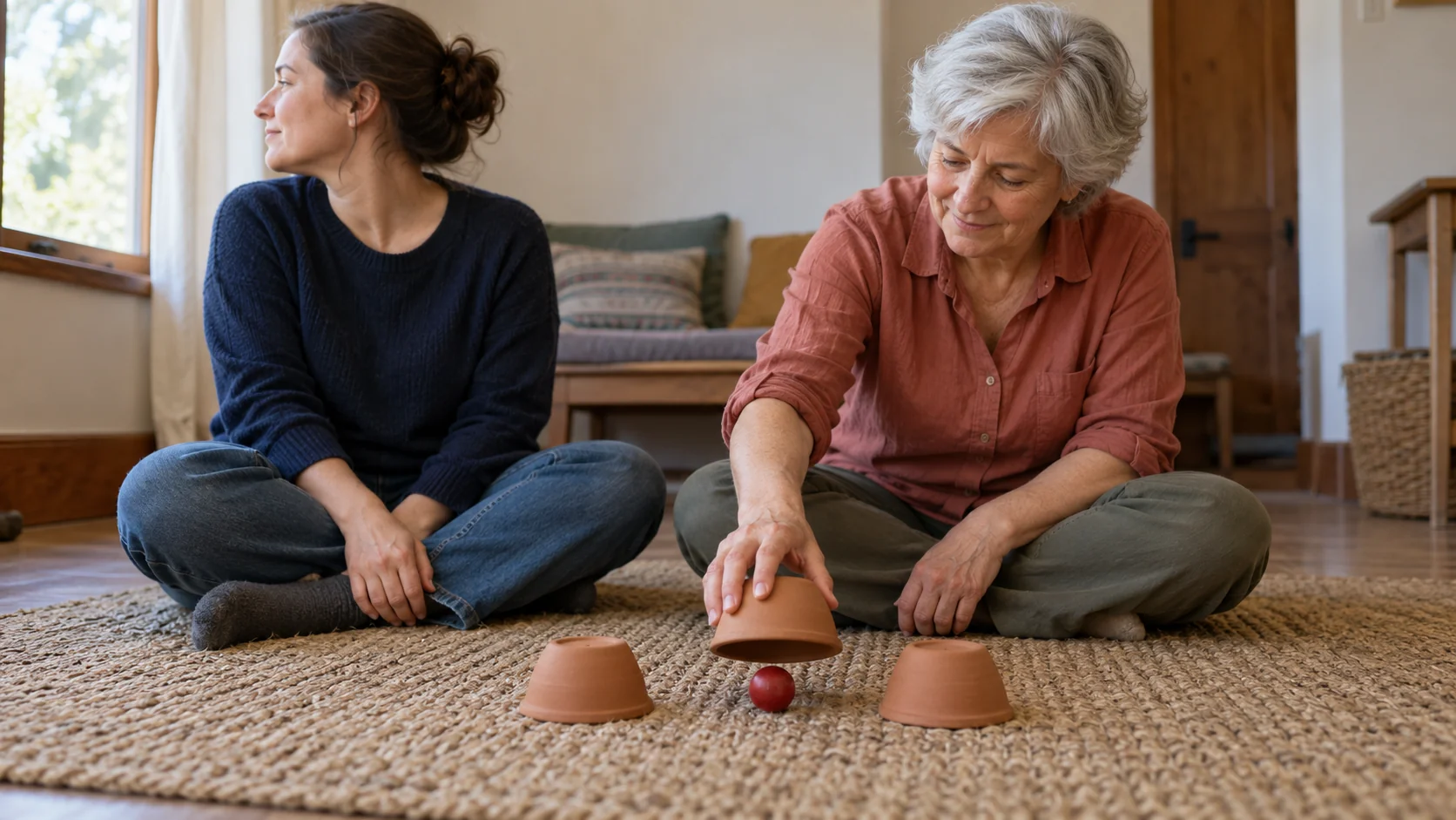 A woman lowers a clay bowl over a red ball while another woman looks away before a guessing game