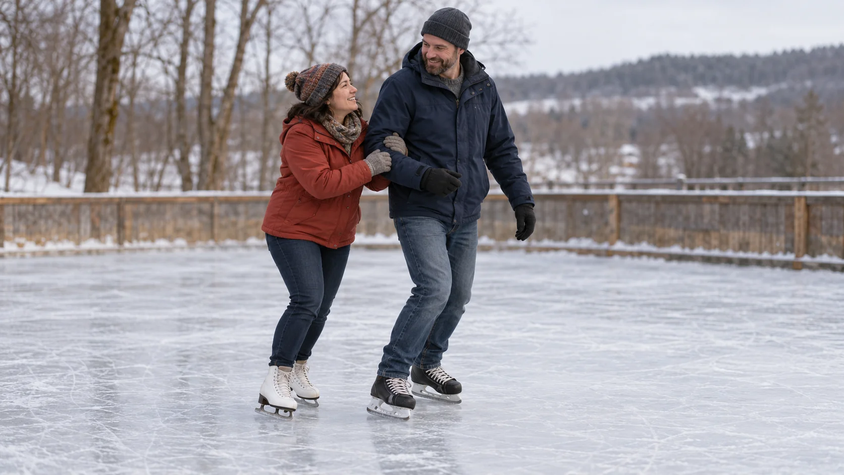 A shorter skater holds a taller skater's arm as they glide together on an outdoor rink