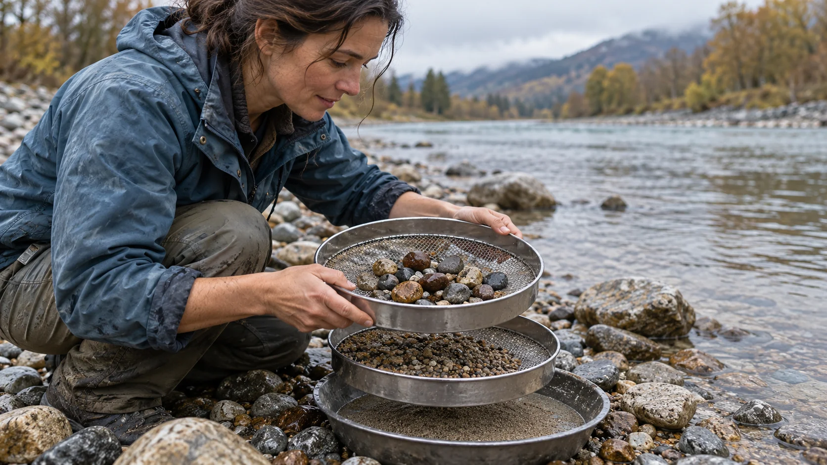 A woman lifts a coarse sieve above a finer sieve and a pan of sand beside a river