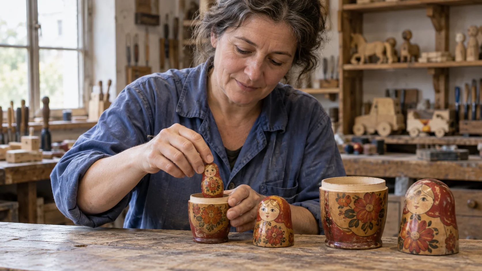 A woman places the smallest nesting doll into an open shell while the larger shells and their tops wait