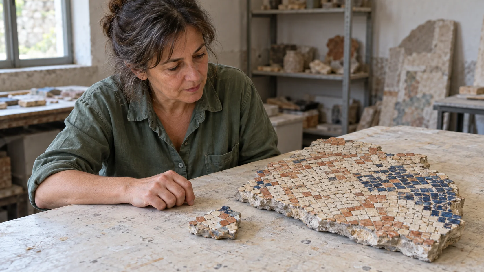 A mosaic conservator compares a small ceramic fragment with a larger section whose blue tiles form a visible cluster